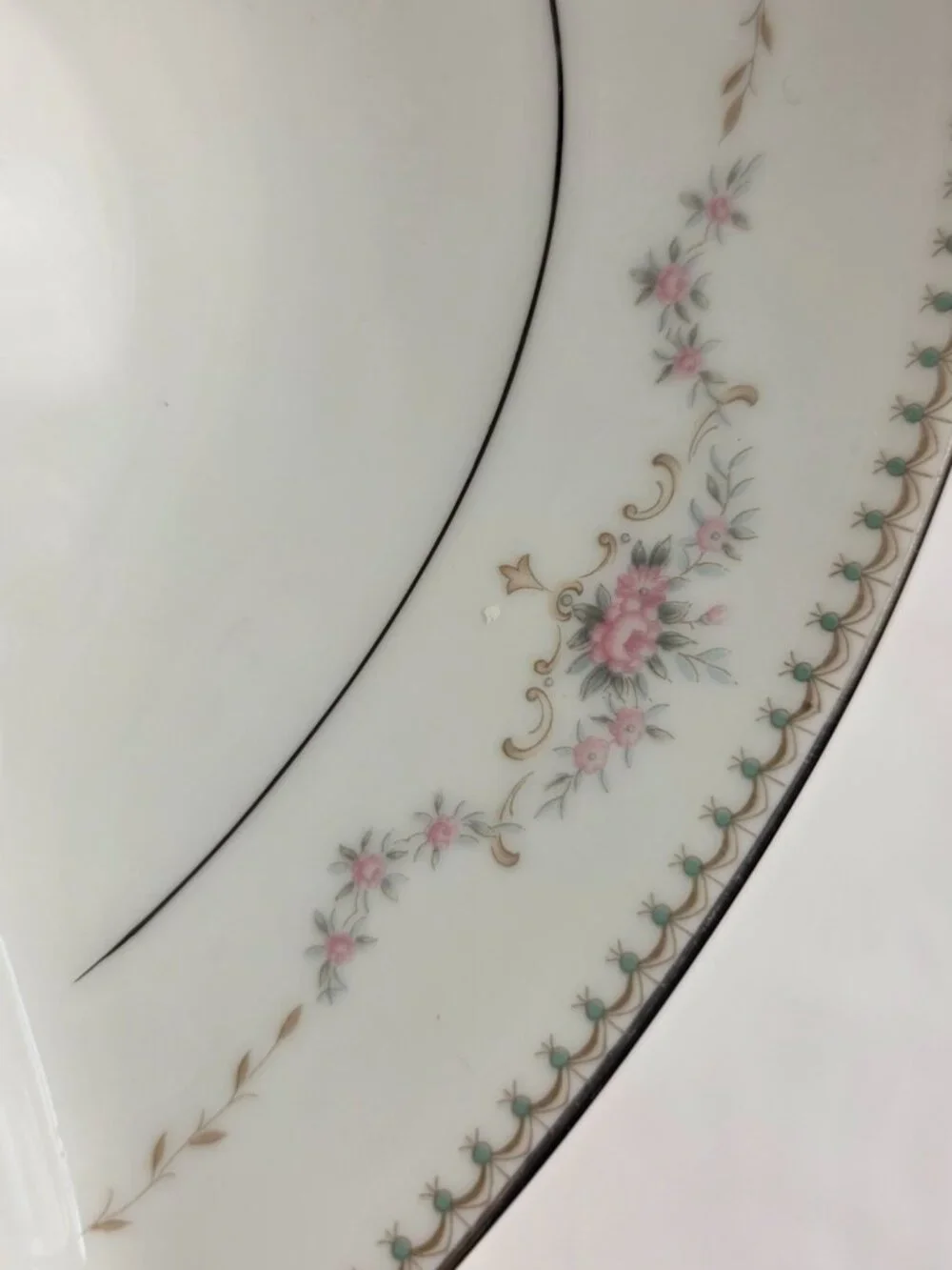 Noritake Fairmont Oval Divided Serving Bowl White with Pink Roses & Green Dots